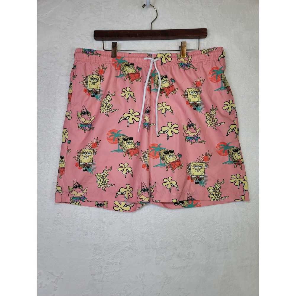 SpongeBob SquarePants Mens Pink Tropical Swim Trunks Shorts Large Whimsical Vaca